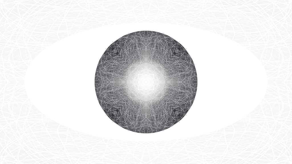 Black, white and grey artwork featuring a light sphere in a white oval against a white and grey patterned background.