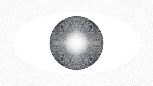 Black, white and grey artwork featuring a light sphere in a white oval against a white and grey patterned background.