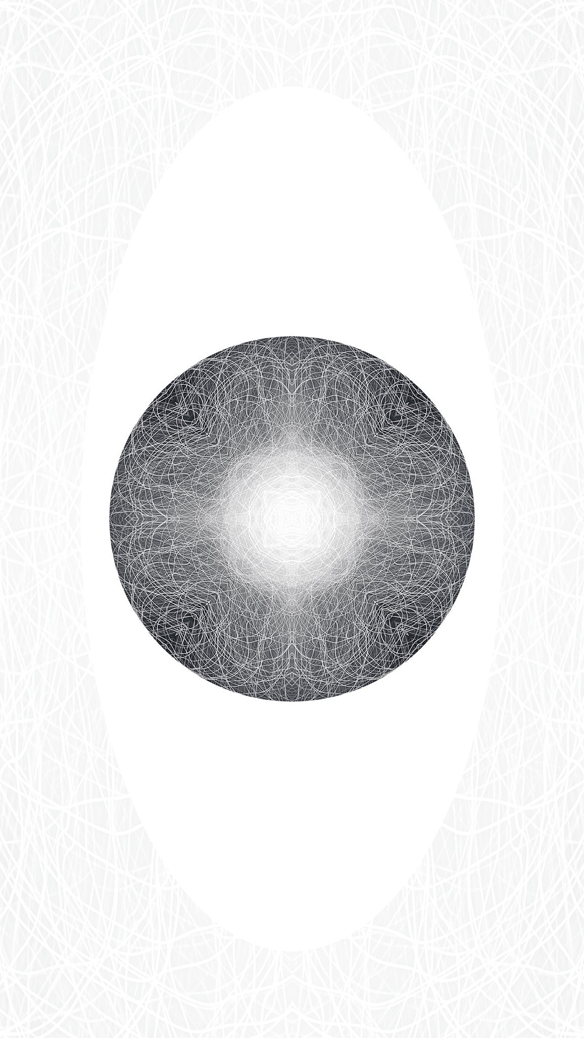 A circular black and white abstract pattern with a bright white center and fine radiating lines, set against a white background with a subtle textured border.