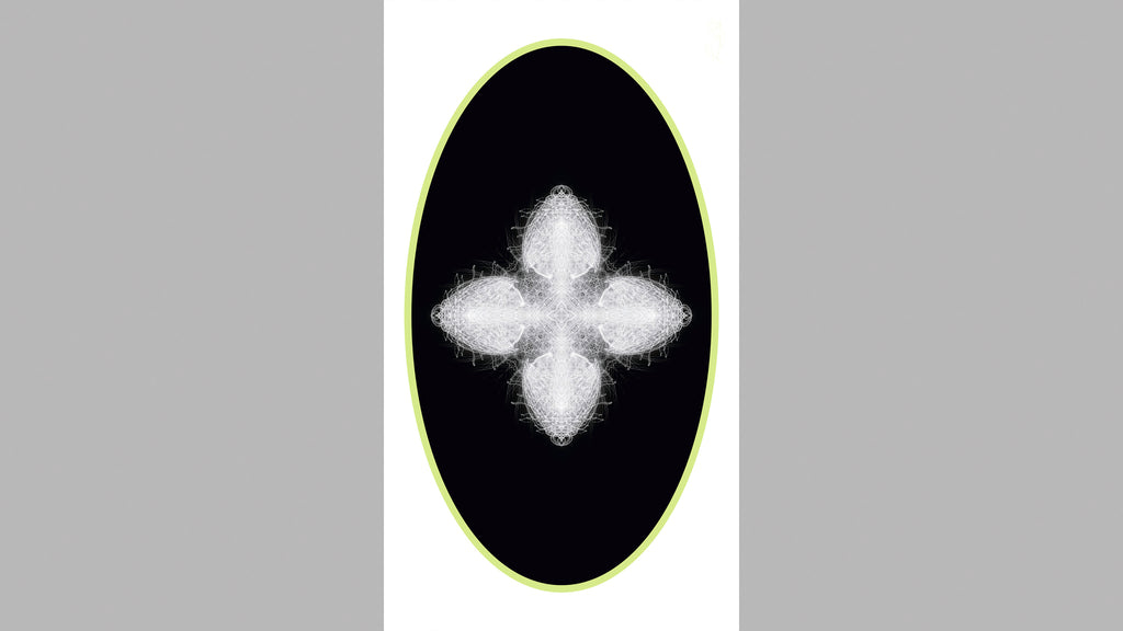 Vertical rectangular artwork featuring a white abstract star-like pattern in a black oval with light green border against a white background.