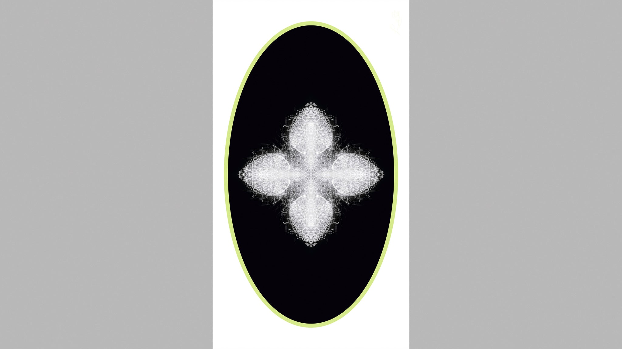 Vertical rectangular artwork featuring a white abstract star-like pattern in a black oval with light green border against a white background.