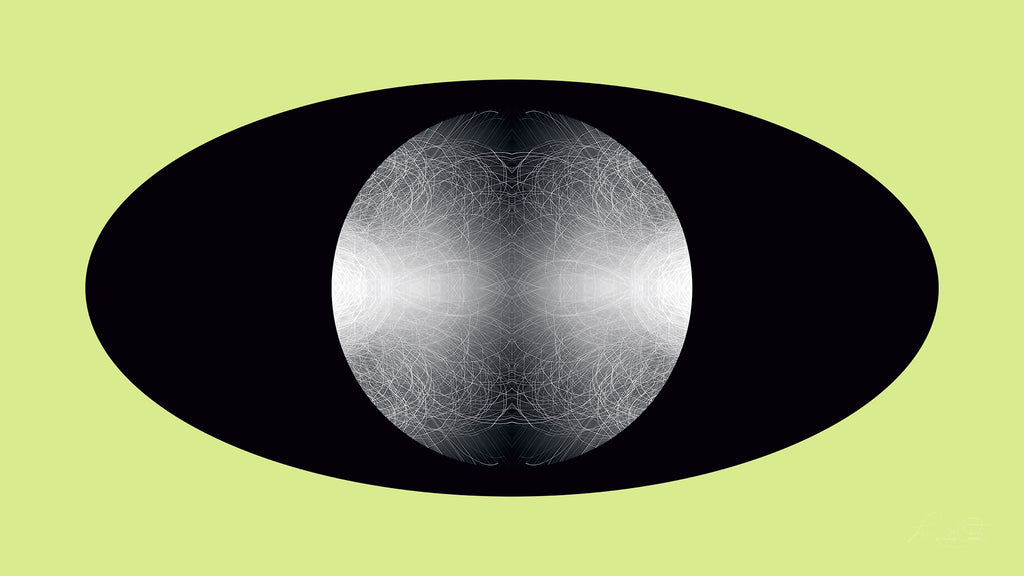 White, black and green artwork featuring a light sphere in a black oval against a green background.