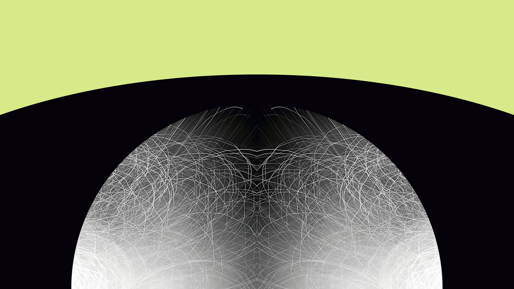 Detail of an abstract graphic design featuring a black curved shape with a symmetrical pattern of fine white lines set against a lime green background.