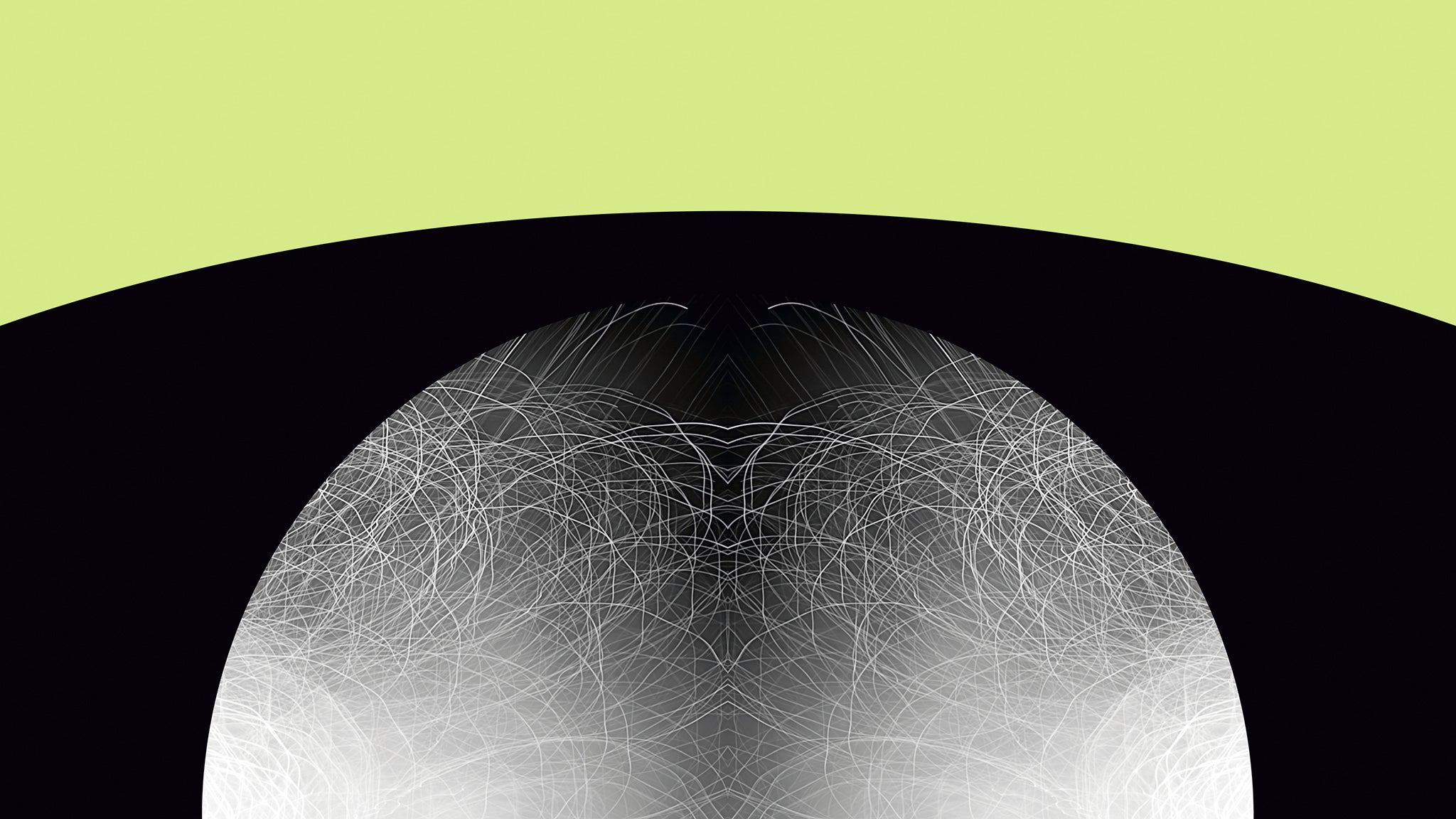 Detail of an abstract graphic design featuring a black curved shape with a symmetrical pattern of fine white lines set against a lime green background.