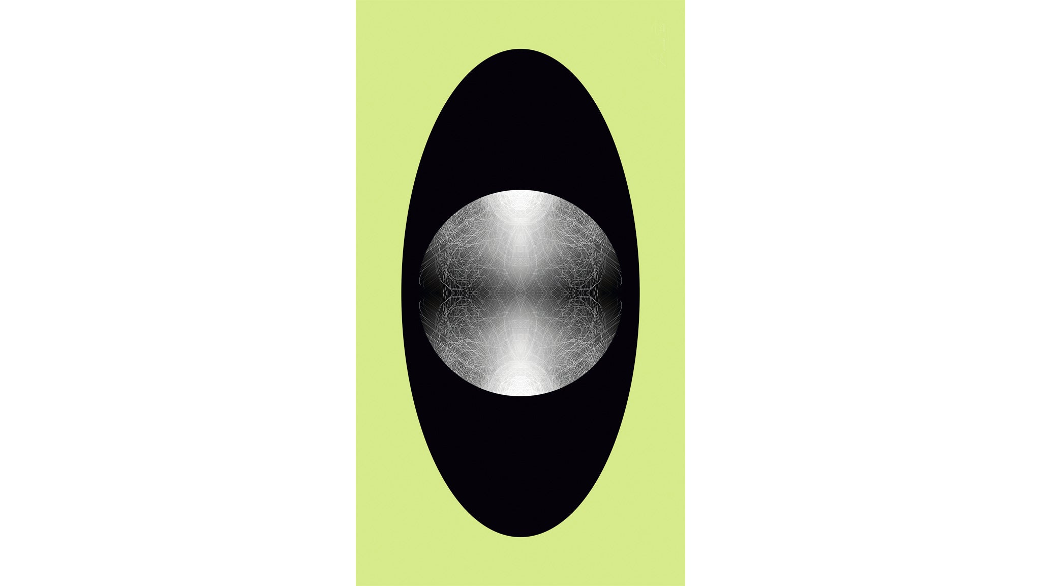 A minimalist graphic design featuring a vertical light green rectangle with a large black oval centered on it, containing a circle with a pattern of fine white lines.