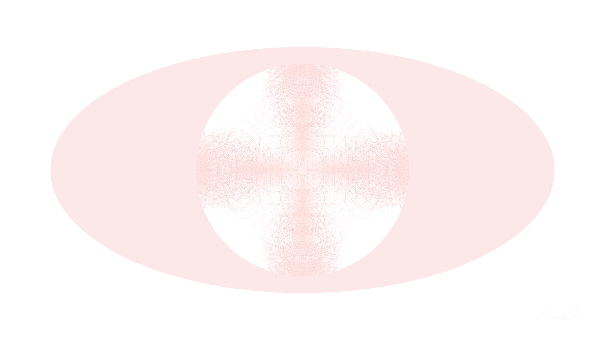 Artwork featuring a pink pattern in a white circle against pink and white backgrounds. 