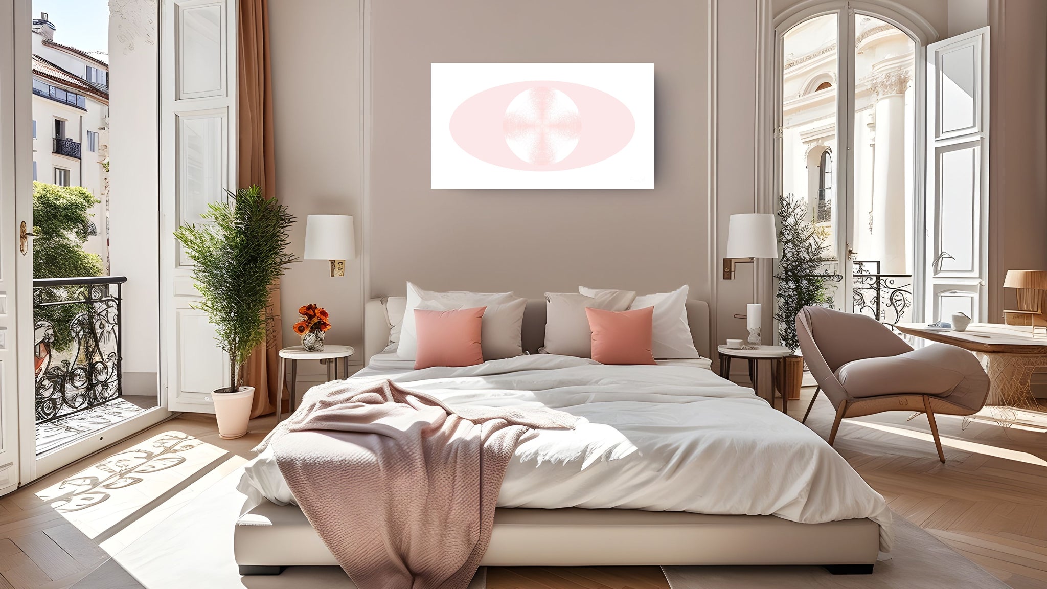 A modern bedroom interior with a bed dressed in white bedding and blush pink pillows, nightstands, lamps, and a chair. Large windows and doors open to a sunlit balcony, and an abstract pink-and-white artwork hangs above the bed.