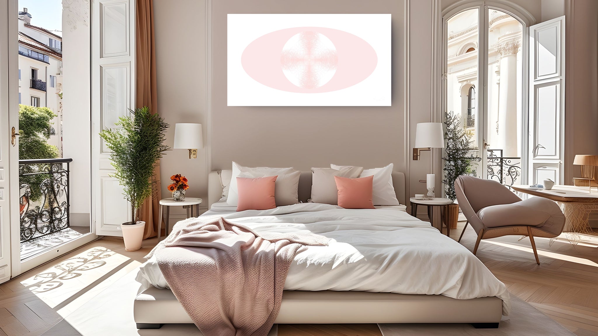 A modern bedroom interior with a bed dressed in white bedding and blush pink pillows, nightstands, lamps, and a chair. Large windows and doors open to a sunlit balcony, and an abstract pink-and-white artwork hangs above the bed.
