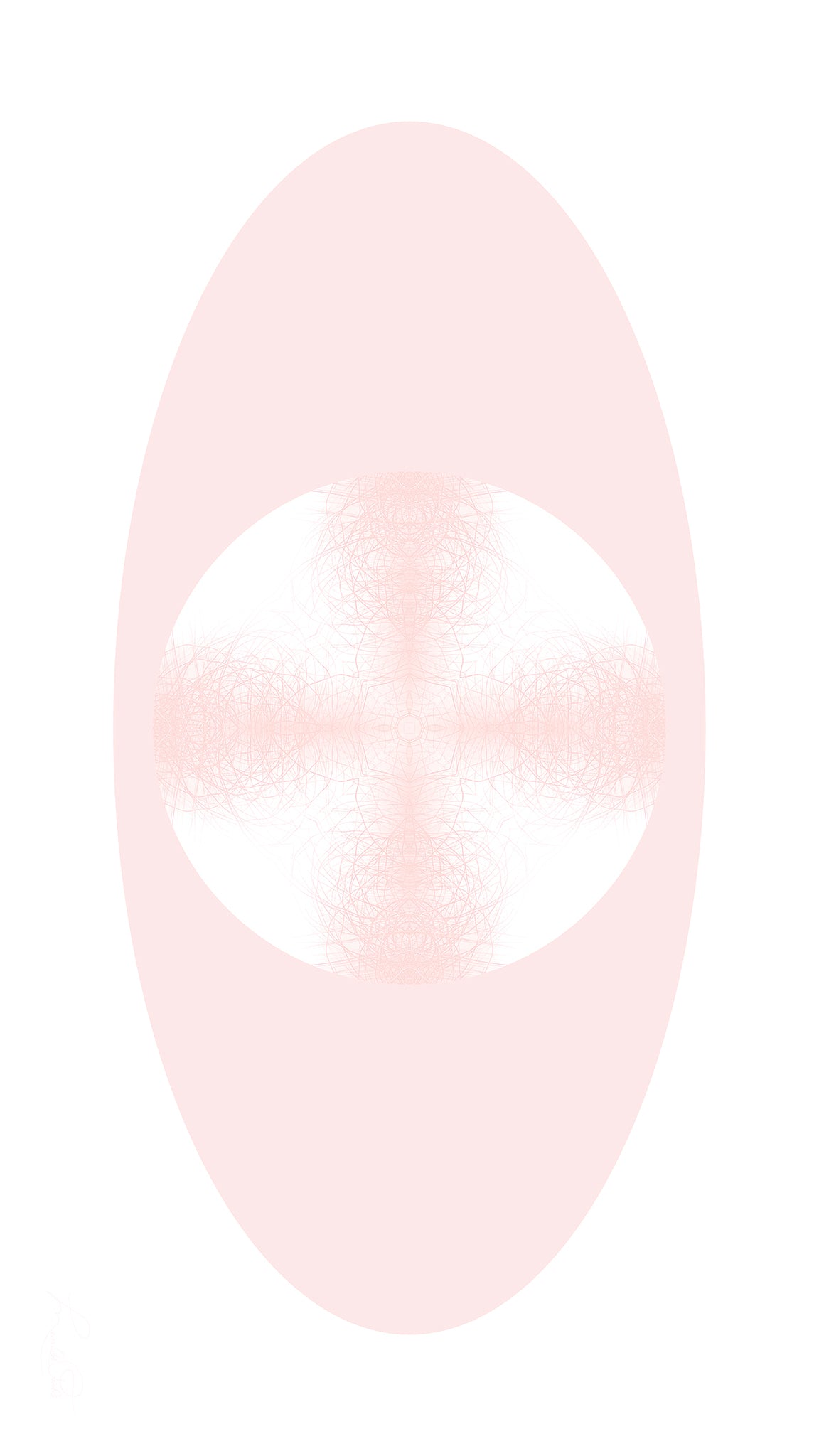 Artwork featuring a pink pattern in a white circle against pink and white backgrounds. 