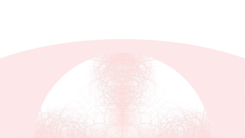 Detail of a minimalist graphic design showing a large white semi-circle centered on a light pink background, with fine geometric line patterns radiating from the bottom edge.