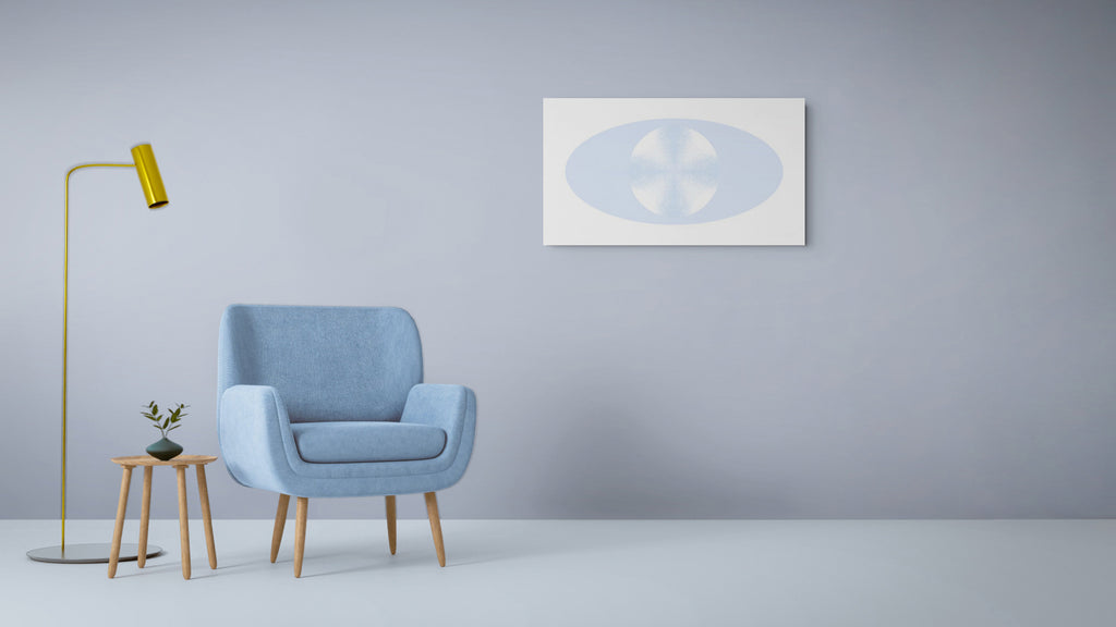 A minimalist interior scene with a light blue upholstered armchair, a small wooden side table with a plant, a gold floor lamp, and an abstract artwork on a pale grey wall.