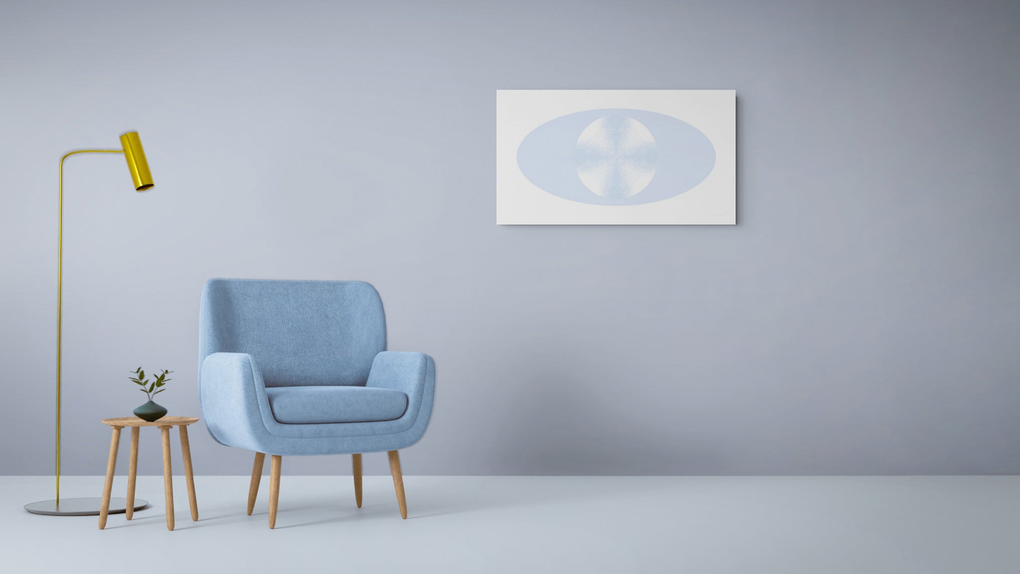 A minimalist interior scene with a light blue upholstered armchair, a small wooden side table with a plant, a gold floor lamp, and an abstract artwork on a pale grey wall.