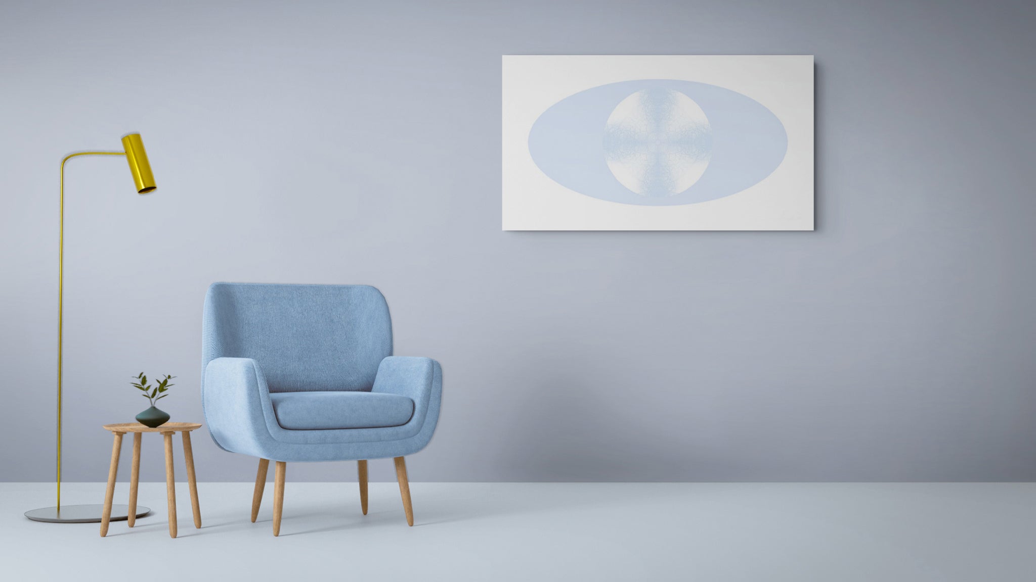 A minimalist interior scene with a light blue upholstered armchair, a small wooden side table with a plant, a gold floor lamp, and an abstract artwork on a pale grey wall.