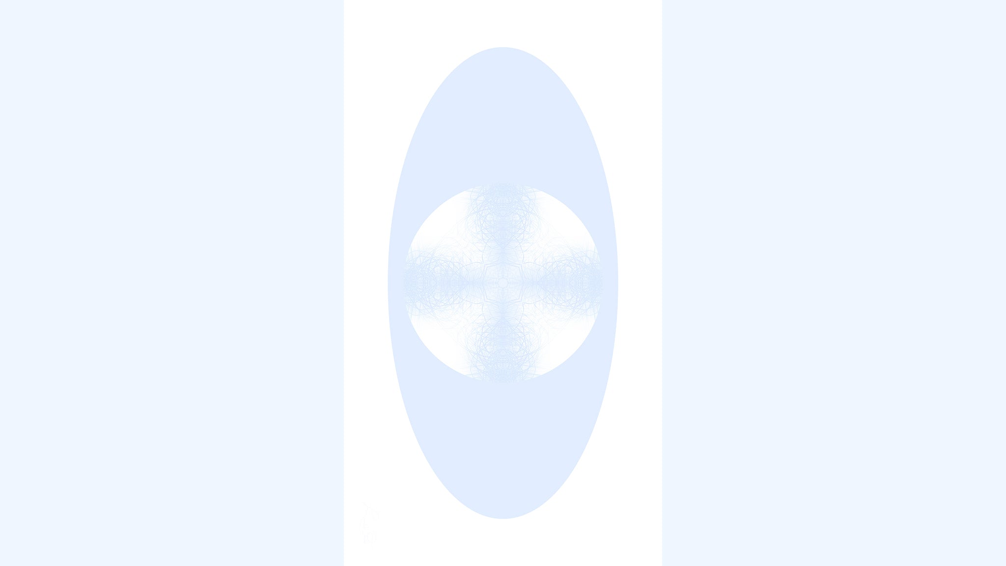 A vertical rectangular artwork featuring a white circle containing a soft blue symmetrical pattern within a blue oval against.a white background.