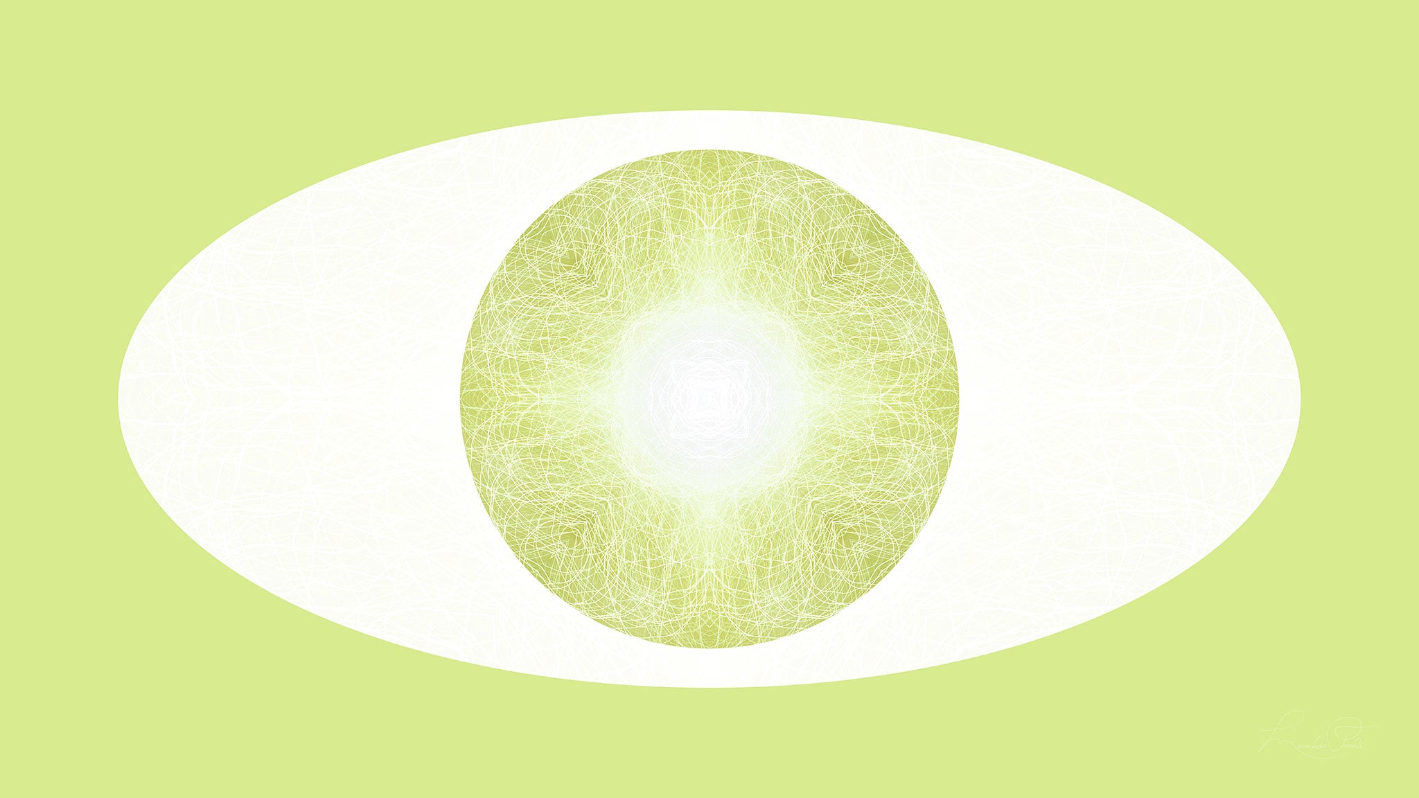 Green and white artwork featuring a light sphere in a white oval against a green background.