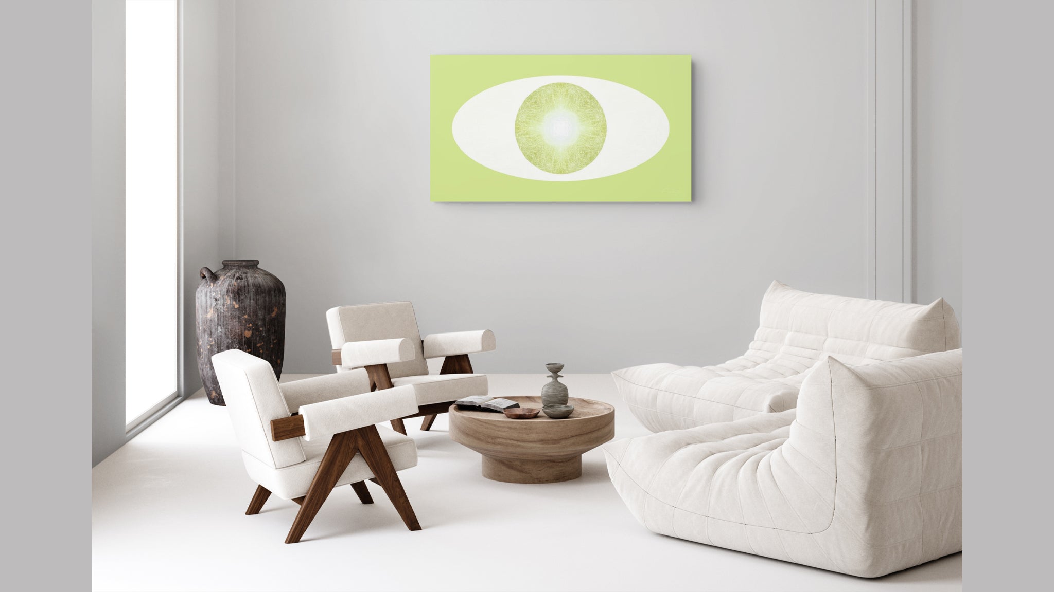 A modern living room scene featuring a light green and white artwork hanging on a white wall above minimalist white chairs and a white sofa.