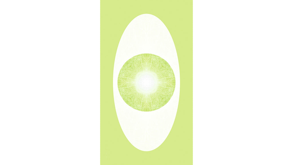 A minimalist graphic artwork featuring a light green oval with a textured green-and-white center, set against a vertical light green rectangle.