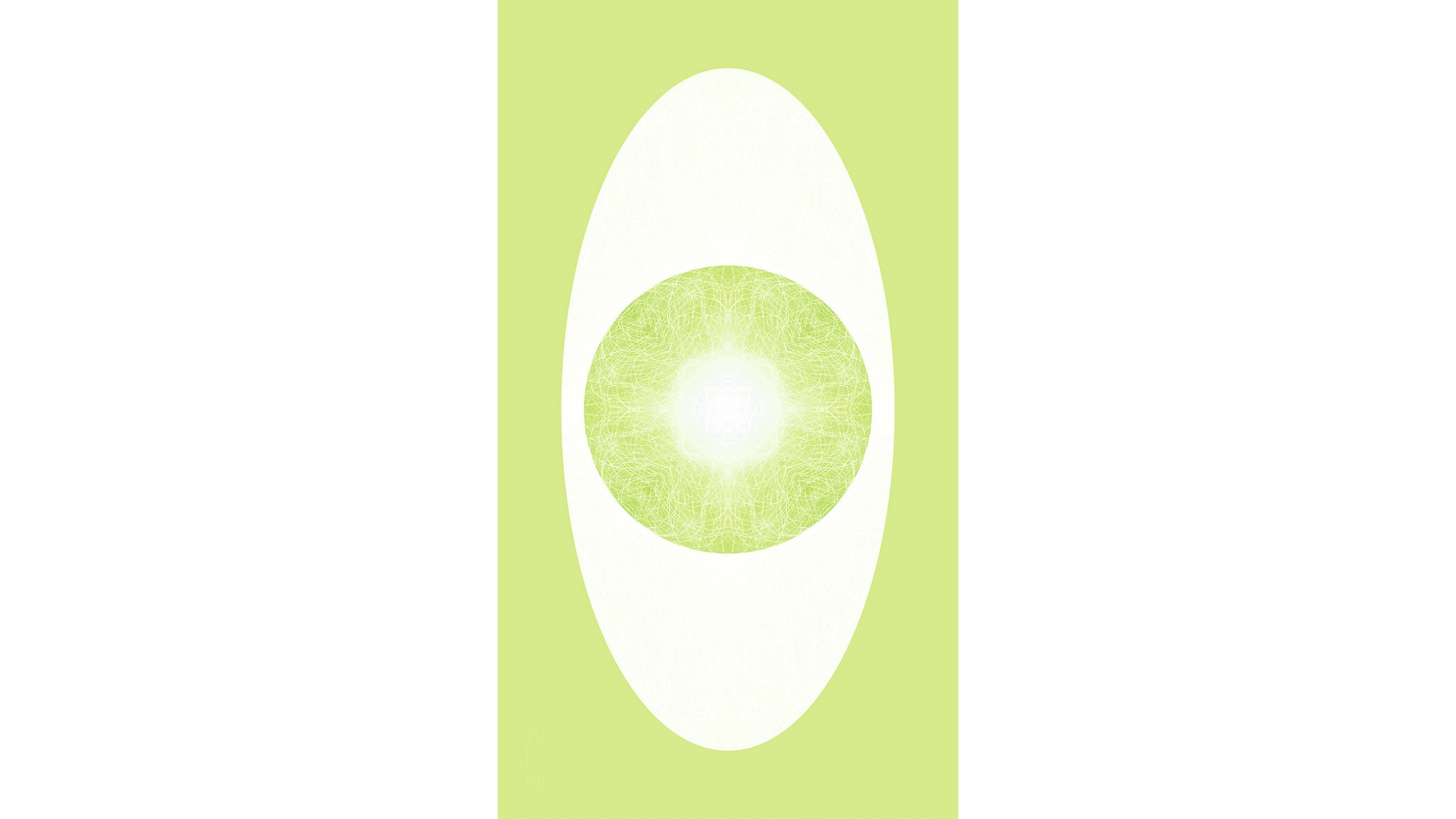 A minimalist graphic artwork featuring a light green oval with a textured green-and-white center, set against a vertical light green rectangle.