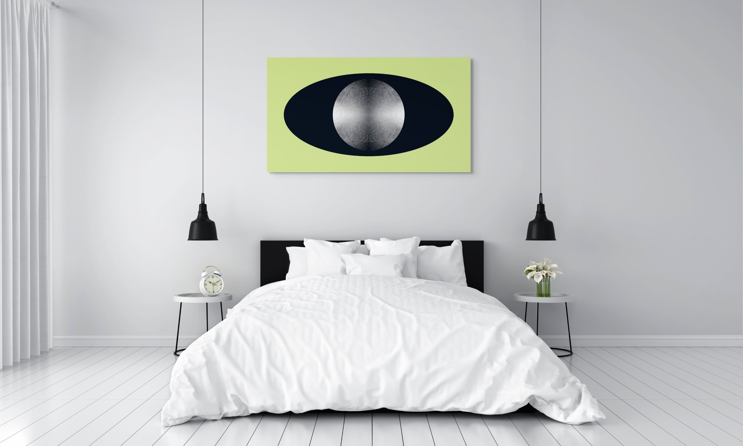 Modern bedroom with white bedding, a black bed frame, and a white, black and green artwork on the wall.